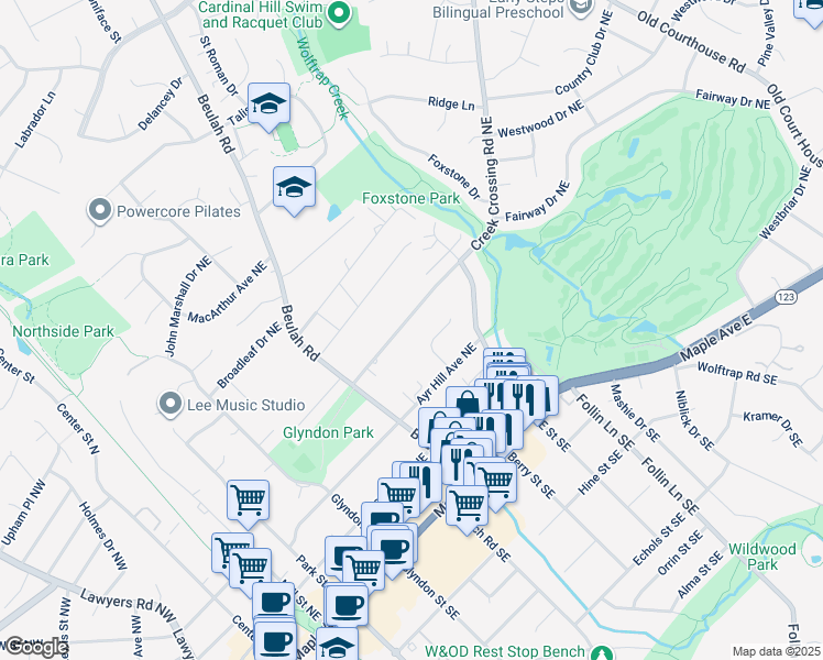 map of restaurants, bars, coffee shops, grocery stores, and more near 503 Creek Crossing Road Northeast in Vienna