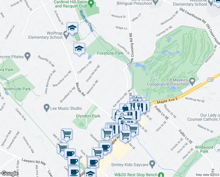 map of restaurants, bars, coffee shops, grocery stores, and more near 503 Creek Crossing Road Northeast in Vienna