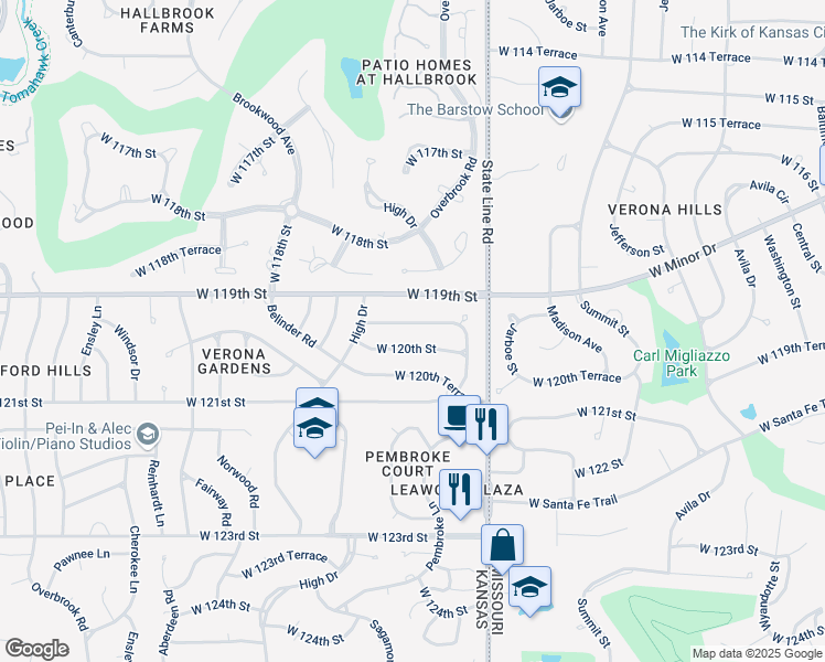 map of restaurants, bars, coffee shops, grocery stores, and more near 2118 West 120th Street in Leawood
