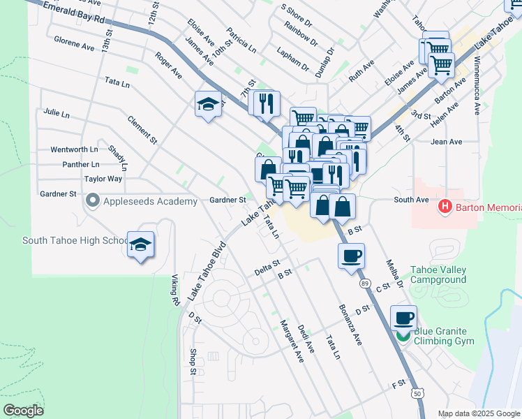 map of restaurants, bars, coffee shops, grocery stores, and more near Lake Tahoe Boulevard & Tata Lane in South Lake Tahoe