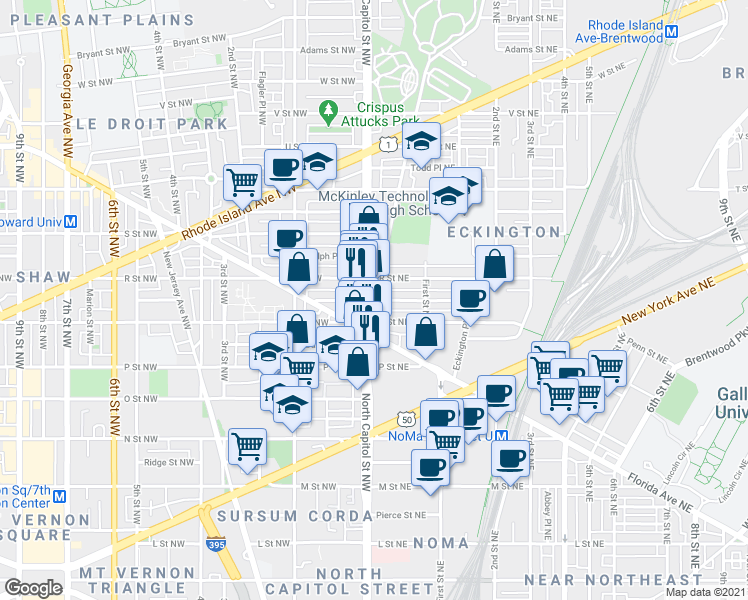 map of restaurants, bars, coffee shops, grocery stores, and more near Lincoln Road Northeast & Quincy Place Northeast in Washington