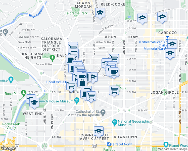 map of restaurants, bars, coffee shops, grocery stores, and more near 18th Street Northwest & Corcoran Street Northwest in Washington