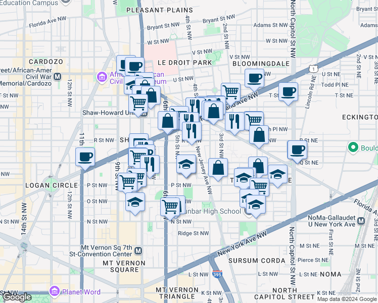 map of restaurants, bars, coffee shops, grocery stores, and more near Warner Street Northwest in Washington