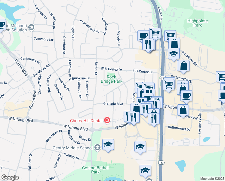 map of restaurants, bars, coffee shops, grocery stores, and more near 200 West Alhambra Drive in Columbia