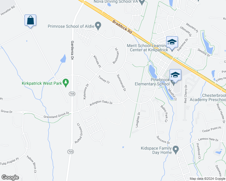 map of restaurants, bars, coffee shops, grocery stores, and more near 25505 Tomey Court in Aldie