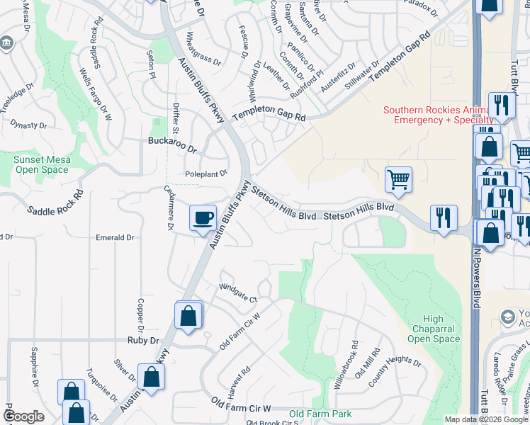 map of restaurants, bars, coffee shops, grocery stores, and more near 5125 Sunset Ridge Drive in Colorado Springs