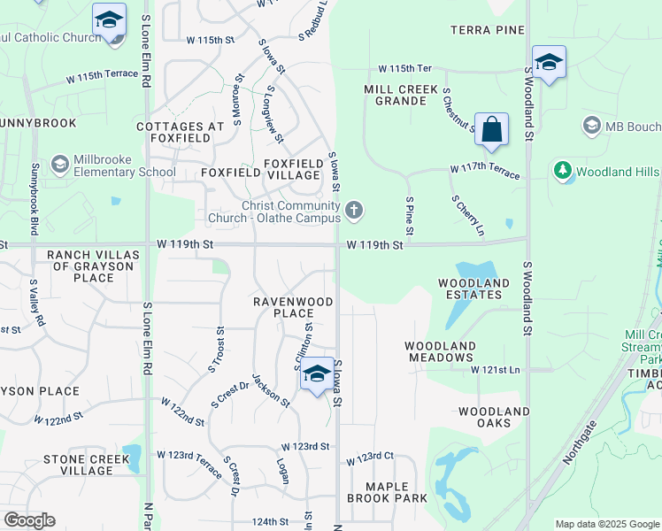map of restaurants, bars, coffee shops, grocery stores, and more near 12011 South Redbud Lane in Olathe