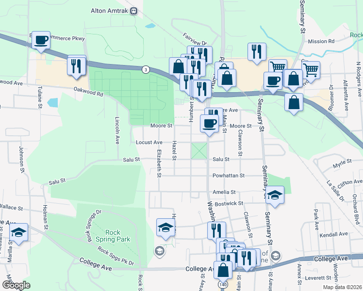 map of restaurants, bars, coffee shops, grocery stores, and more near 2414 Humbert Street in Alton