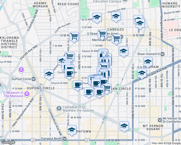 map of restaurants, bars, coffee shops, grocery stores, and more near 15th Street Northwest & Corcoran Street Northwest in Washington