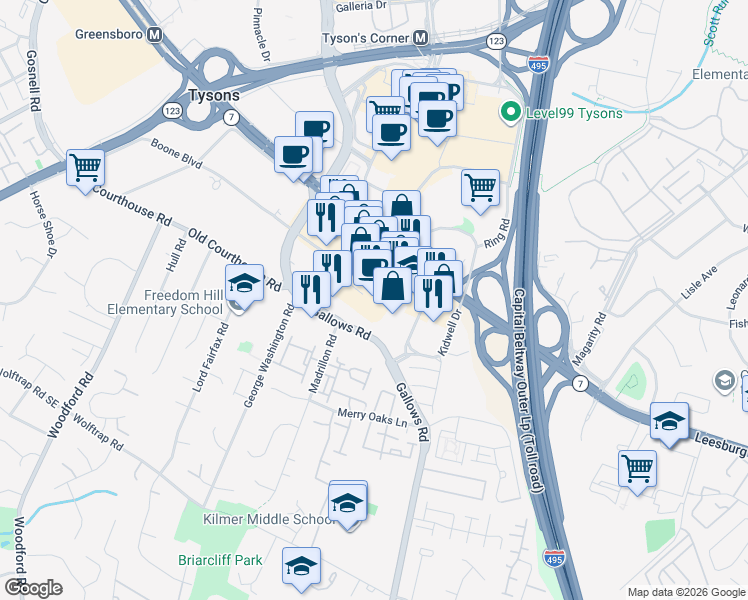 map of restaurants, bars, coffee shops, grocery stores, and more near 8051 Leesburg Pike in Tysons