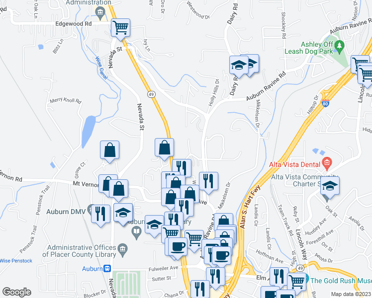 map of restaurants, bars, coffee shops, grocery stores, and more near 651 Dorothy Way in Auburn