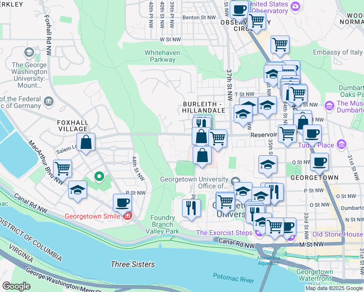 map of restaurants, bars, coffee shops, grocery stores, and more near 3900 Reservoir Road Northwest in Washington
