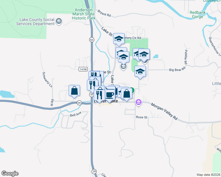 map of restaurants, bars, coffee shops, grocery stores, and more near 9775 Lake Street in Lower Lake