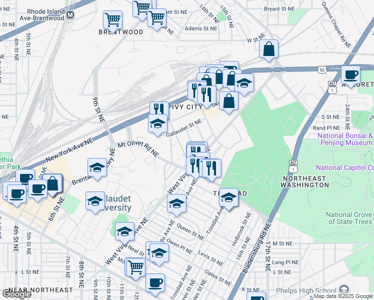 map of restaurants, bars, coffee shops, grocery stores, and more near 101 Independence Avenue Southeast in Washington