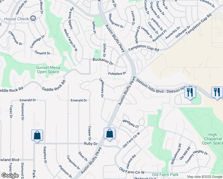 map of restaurants, bars, coffee shops, grocery stores, and more near 4752 Cedarmere Drive in Colorado Springs