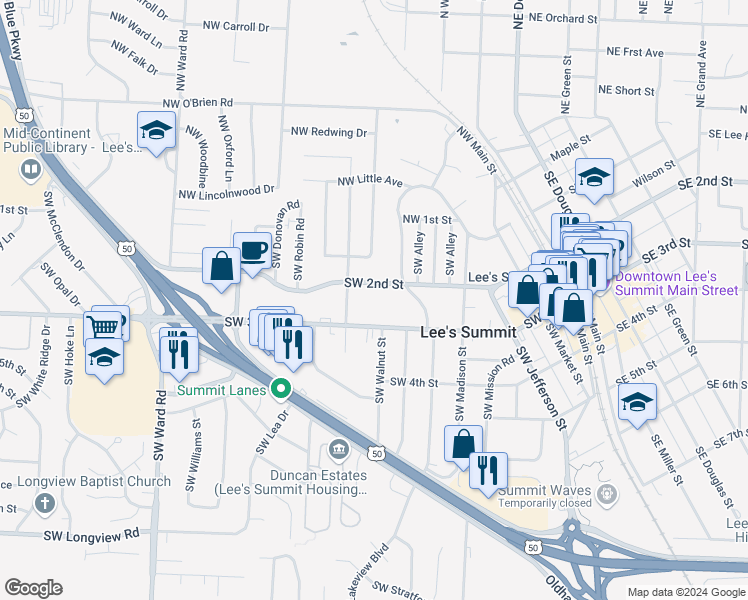 map of restaurants, bars, coffee shops, grocery stores, and more near 504 Southwest 3rd Street in Lee's Summit