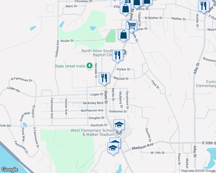map of restaurants, bars, coffee shops, grocery stores, and more near 2005 State Street in Alton