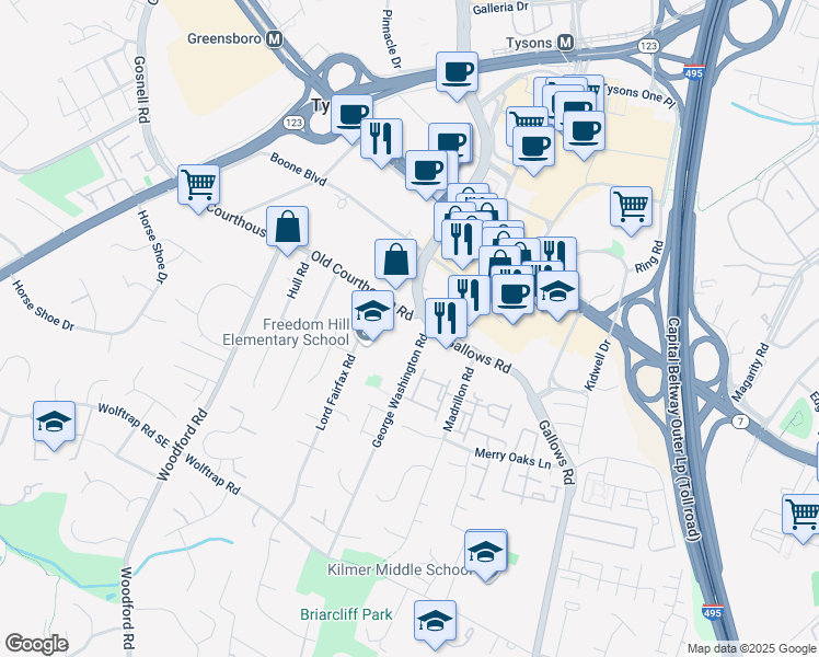 map of restaurants, bars, coffee shops, grocery stores, and more near 8201 Old Courthouse Road in Vienna
