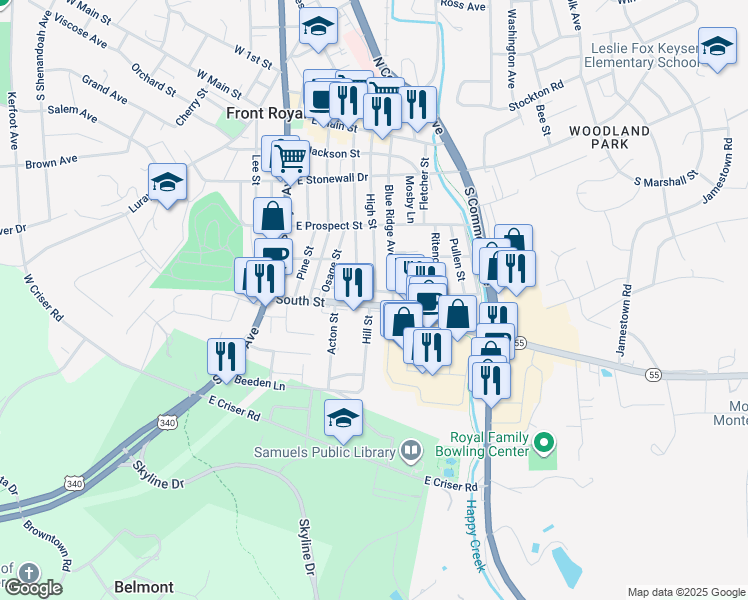 map of restaurants, bars, coffee shops, grocery stores, and more near 239 South Street in Front Royal
