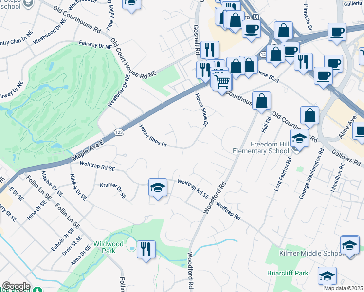 map of restaurants, bars, coffee shops, grocery stores, and more near 1954 Horse Shoe Drive in Vienna