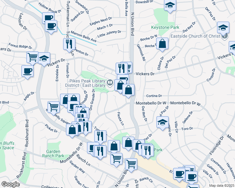 map of restaurants, bars, coffee shops, grocery stores, and more near 5025 North Academy Boulevard in Colorado Springs