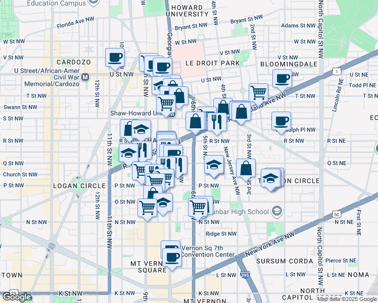 map of restaurants, bars, coffee shops, grocery stores, and more near 101 Independence Avenue Southeast in Washington