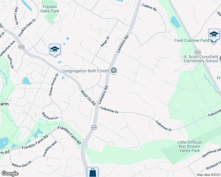 map of restaurants, bars, coffee shops, grocery stores, and more near 12535 Lawyers Road in Herndon