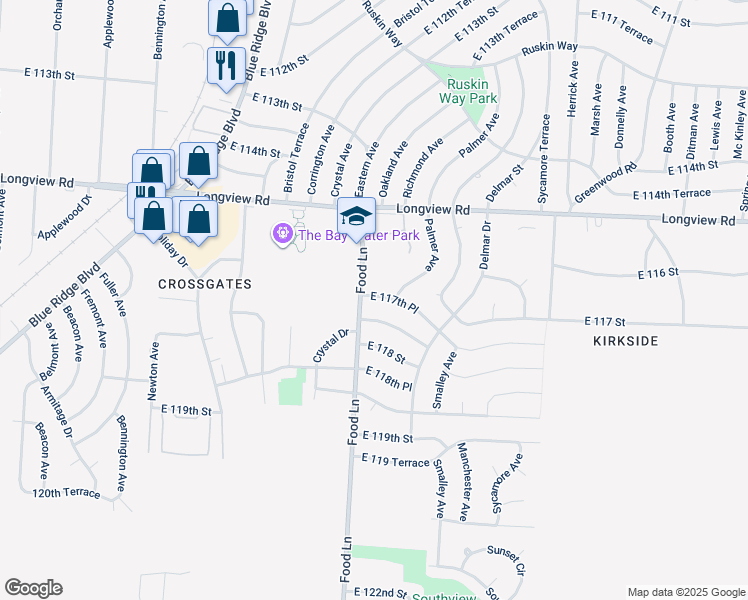 map of restaurants, bars, coffee shops, grocery stores, and more near 7500 East 117 Terrace in Kansas City