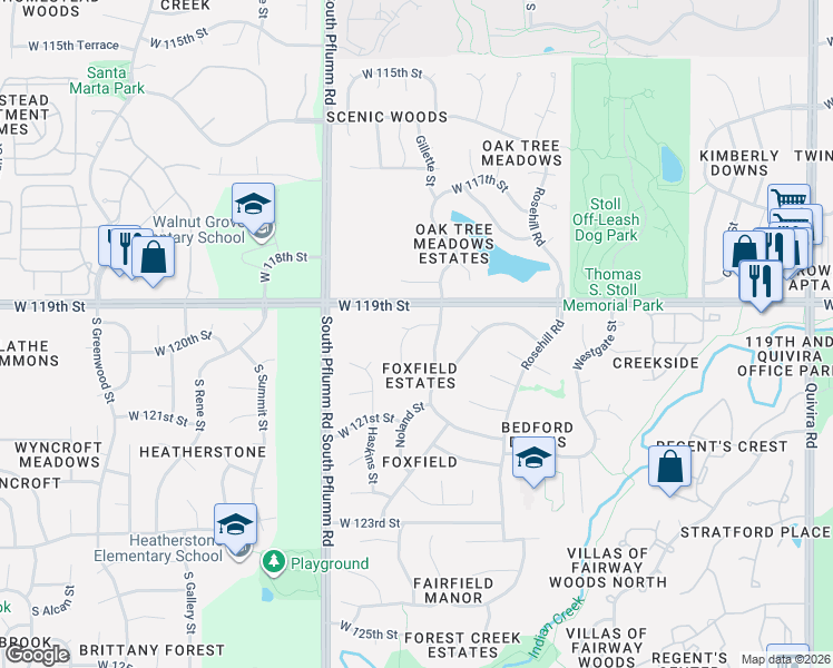 map of restaurants, bars, coffee shops, grocery stores, and more near 11912 Gillette Street in Overland Park