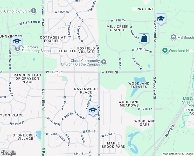 map of restaurants, bars, coffee shops, grocery stores, and more near 12011 South Redbud Lane in Olathe