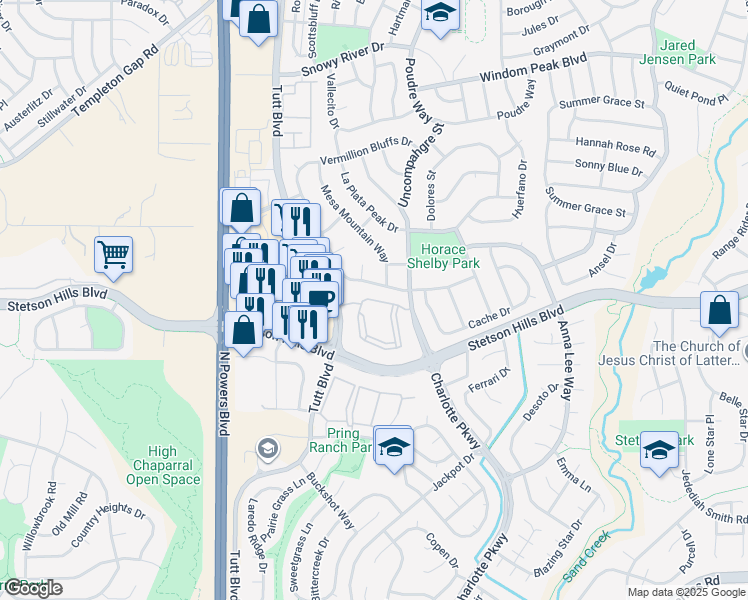 map of restaurants, bars, coffee shops, grocery stores, and more near Prairie Hills View in Colorado Springs