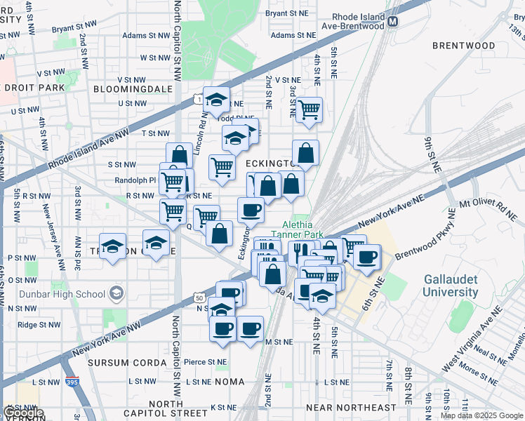 map of restaurants, bars, coffee shops, grocery stores, and more near 1625 Eckington Place Northeast in Washington