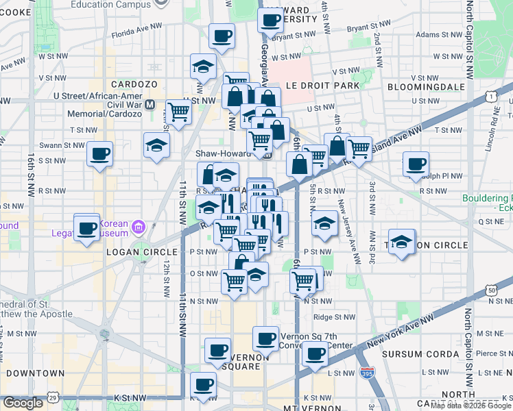 map of restaurants, bars, coffee shops, grocery stores, and more near 101 Independence Avenue Southeast in Washington