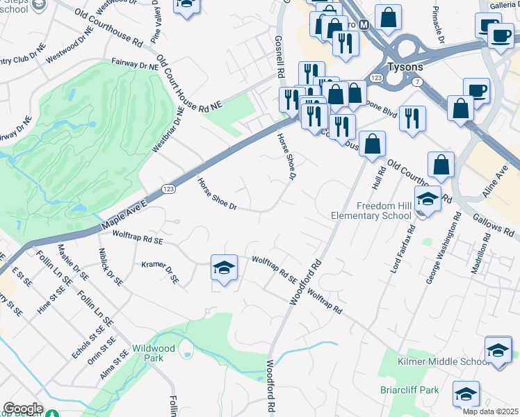 map of restaurants, bars, coffee shops, grocery stores, and more near 1954 Horse Shoe Drive in Vienna