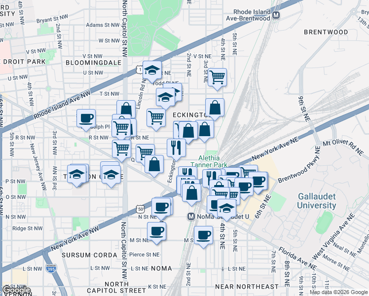 map of restaurants, bars, coffee shops, grocery stores, and more near 1625 Eckington Place Northeast in Washington