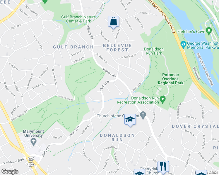 map of restaurants, bars, coffee shops, grocery stores, and more near 3019 North Stuart Street in Arlington