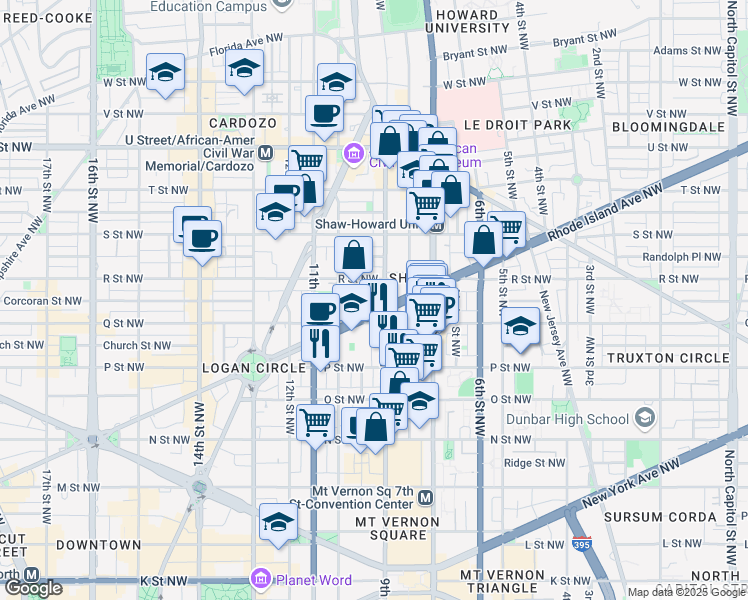 map of restaurants, bars, coffee shops, grocery stores, and more near 901 Rhode Island Avenue Northwest in Washington