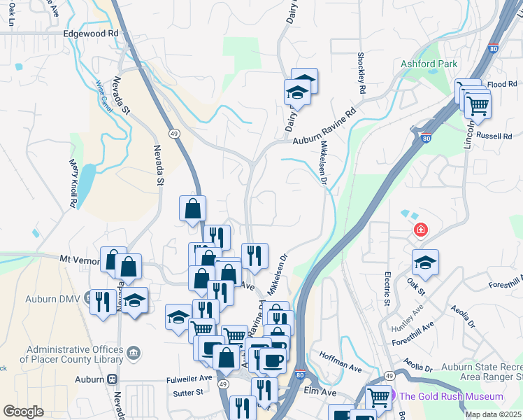 map of restaurants, bars, coffee shops, grocery stores, and more near 750 Auburn Ravine Road in Auburn