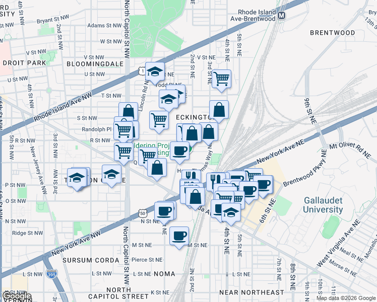 map of restaurants, bars, coffee shops, grocery stores, and more near 1625 Eckington Place Northeast in Washington