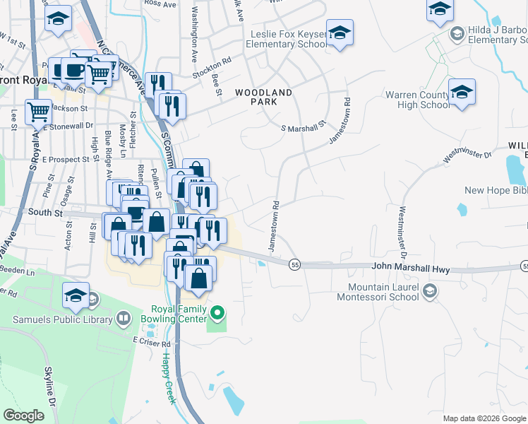 map of restaurants, bars, coffee shops, grocery stores, and more near 9 Gloucester Road in Front Royal