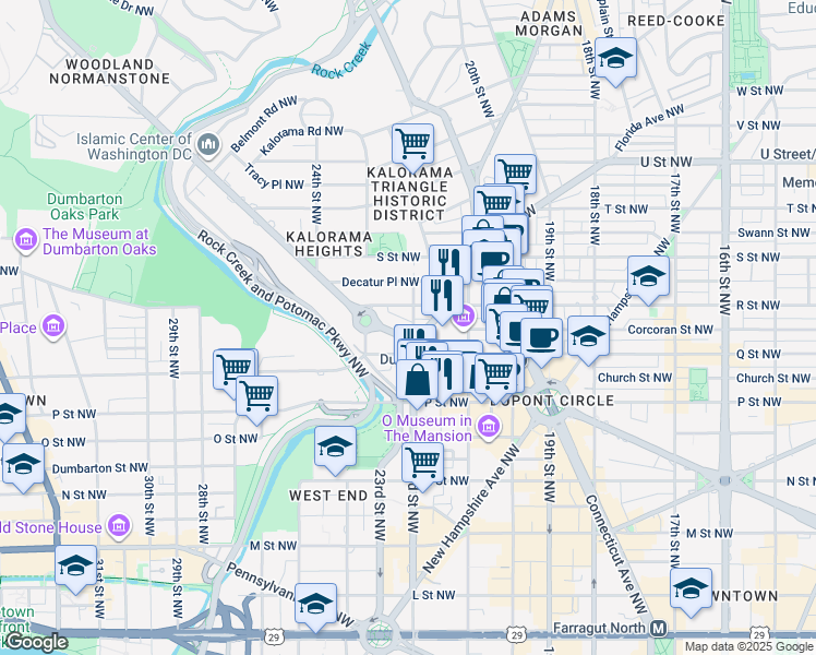 map of restaurants, bars, coffee shops, grocery stores, and more near 2201 Massachusetts Avenue Northwest in Washington