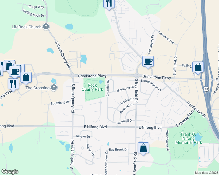 map of restaurants, bars, coffee shops, grocery stores, and more near 3501 Churchill Drive in Columbia