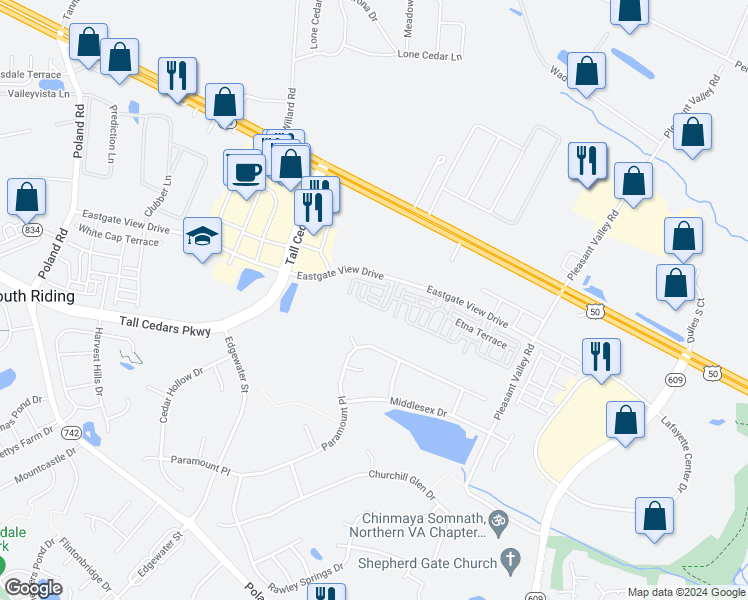 map of restaurants, bars, coffee shops, grocery stores, and more near 25512 Feltre Terrace in Chantilly