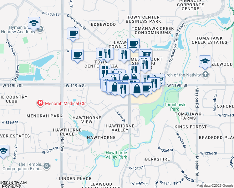 map of restaurants, bars, coffee shops, grocery stores, and more near 5001 West 119th Street in Overland Park