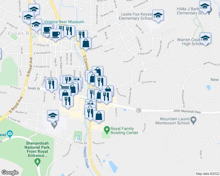 map of restaurants, bars, coffee shops, grocery stores, and more near 10 Portsmouth Rd in Front Royal