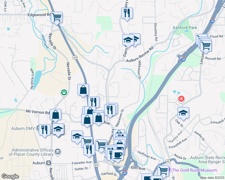 map of restaurants, bars, coffee shops, grocery stores, and more near 750 Auburn Ravine Road in Auburn