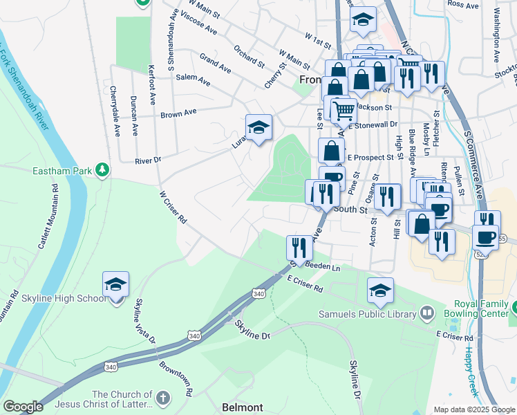map of restaurants, bars, coffee shops, grocery stores, and more near 186 Elsia Drive in Front Royal