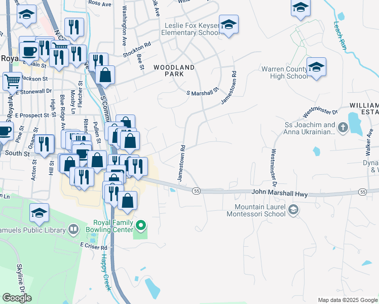 map of restaurants, bars, coffee shops, grocery stores, and more near 107 Gloucester Road in Front Royal