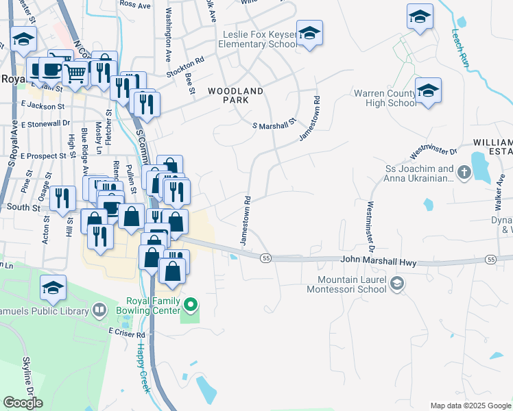 map of restaurants, bars, coffee shops, grocery stores, and more near 107 Gloucester Road in Front Royal