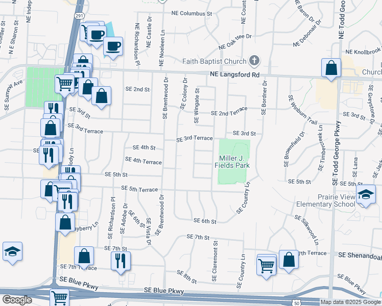 map of restaurants, bars, coffee shops, grocery stores, and more near 404 Southeast Wingate Street in Lee's Summit